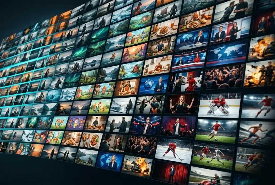 Vägg av TV-kanaler och streamingtitlar i Nordic IPTV:s utbud