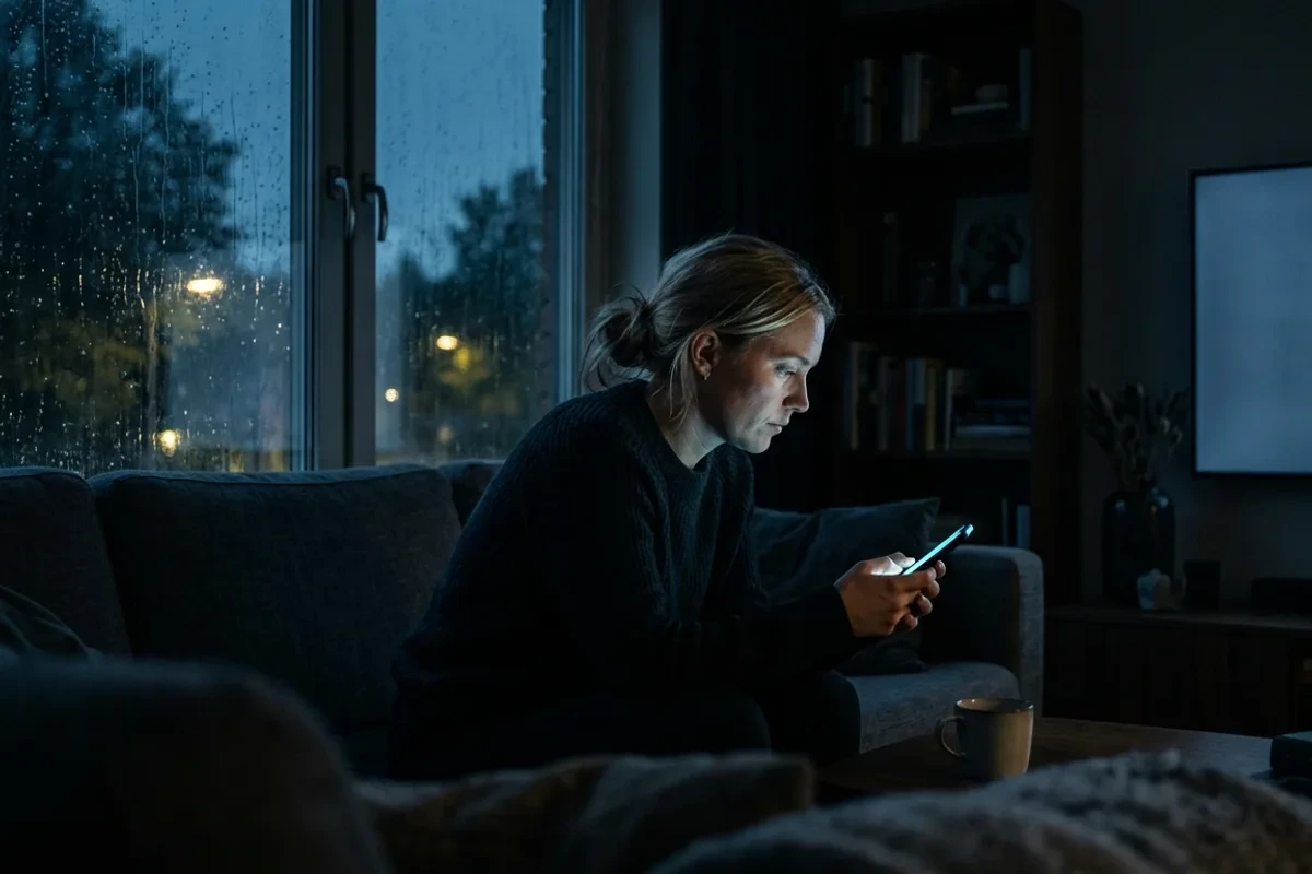 Mörkt vardagsrum där en person felsöker sin IPTV i mobilen – tjänsten ligger nere