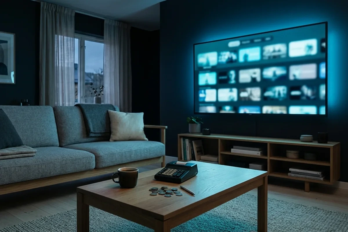 Skandinaviskt vardagsrum på kvällen med TV, kaffe och miniräknare – vad kostar IPTV