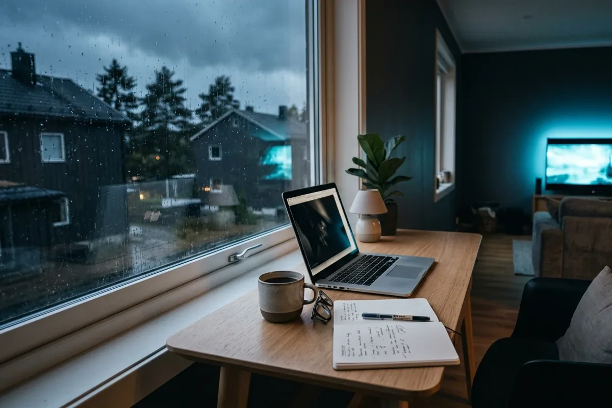 Hemmakontor i nordisk stil med laptop och TV – jämför svensk IPTV i lugn och ro