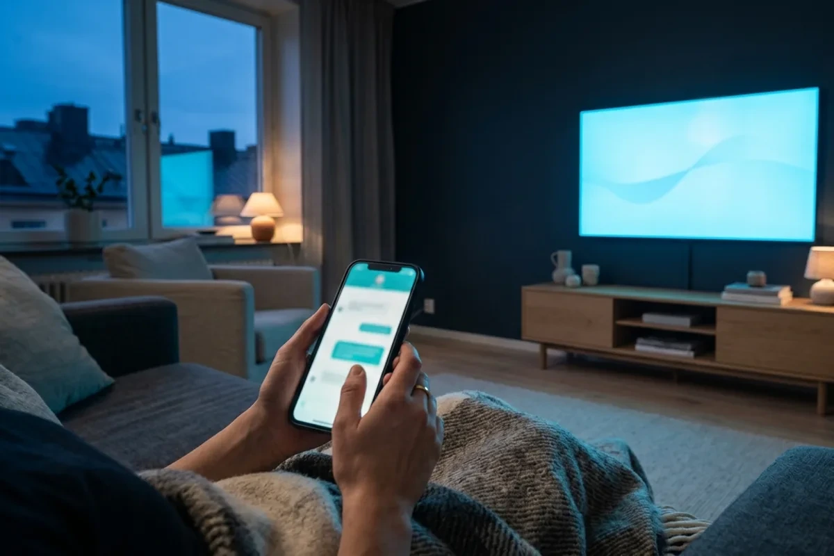 Svenskt vardagsrum i skymning med TV och mobil – IPTV-support nära till hands