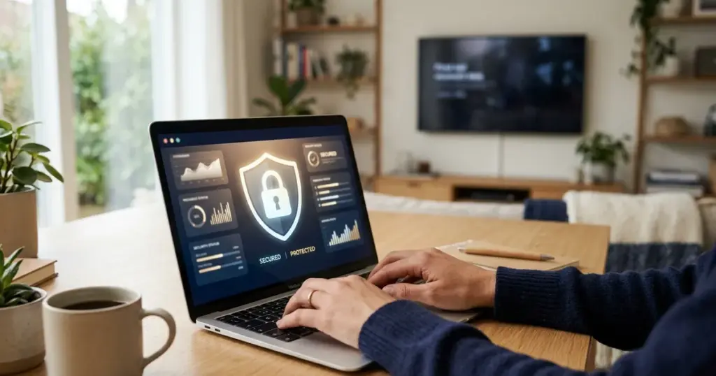 Laptop med säkerhetssymbol på skärmen – integritet och skydd vid IPTV