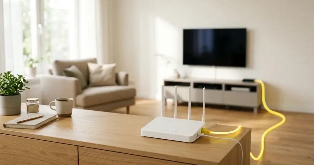 Router med nätverkskabel mot tv i ljust vardagsrum – så fungerar IPTV via internet