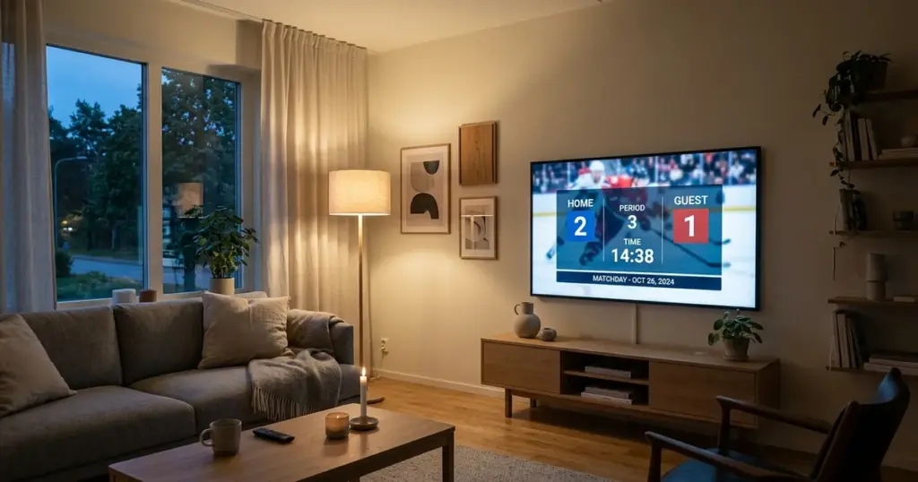 IPTV bäst i test – tv i vardagsrum visar sportsändning i skymningsljus