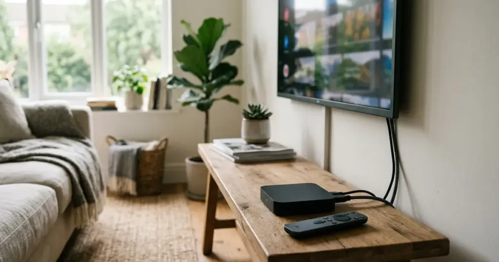 Svart IPTV-box med fjärrkontroll på tv-bänk framför väggmonterad tv