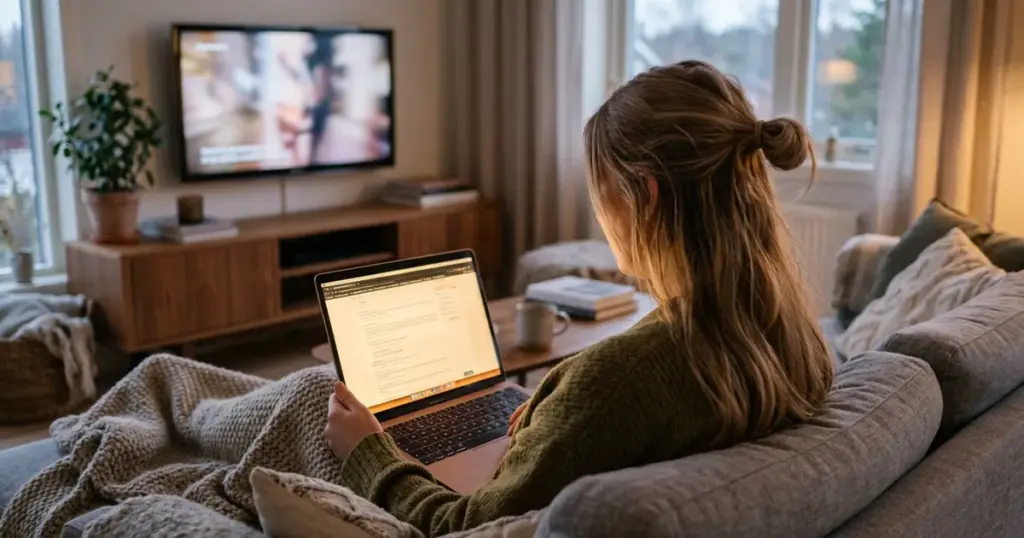 Person läser forumtråd på laptop med tv i bakgrunden – IPTV enligt Flashback