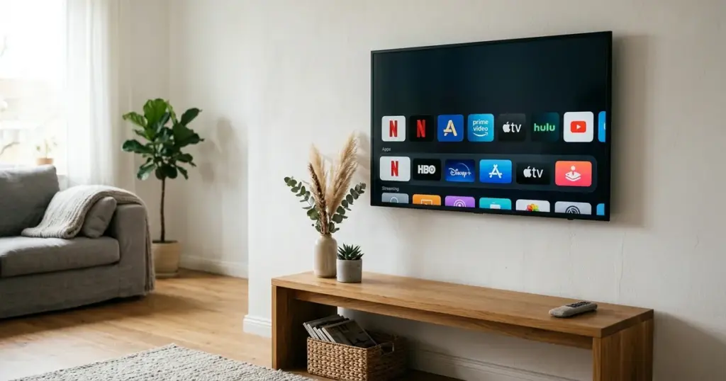 Väggmonterad smart-tv med rad av streamingappar – IPTV på Smart TV