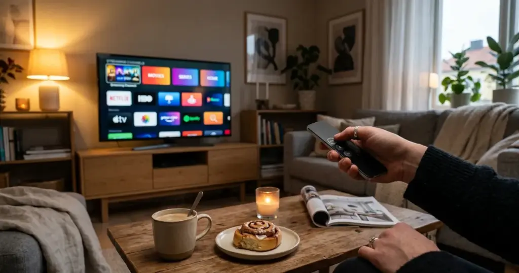 IPTV Sverige – vardagsrums-tv med kanalöversikt och fjärrkontroll i förgrunden