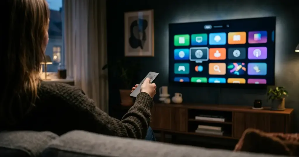 Tv-skärm med rutnät av appar och fjärrkontroll – bästa IPTV-apparna jämförda